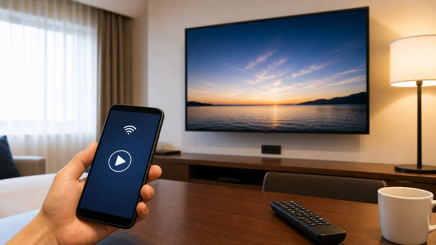 ホテル客室のテレビで動画視聴環境を確認するイメージ