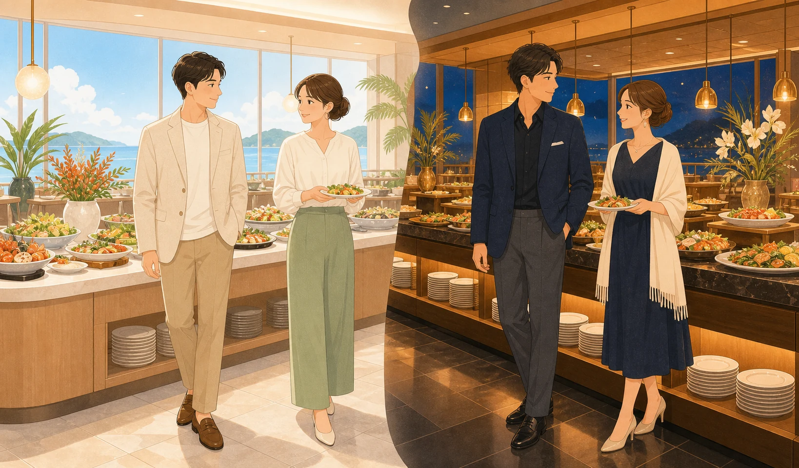 ランチとディナーで服装の雰囲気を変えるイメージ