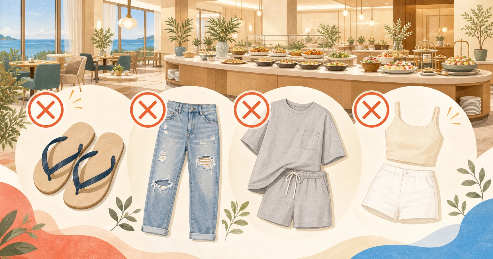 ホテルビュッフェで避けたいラフな服装を確認するイメージ