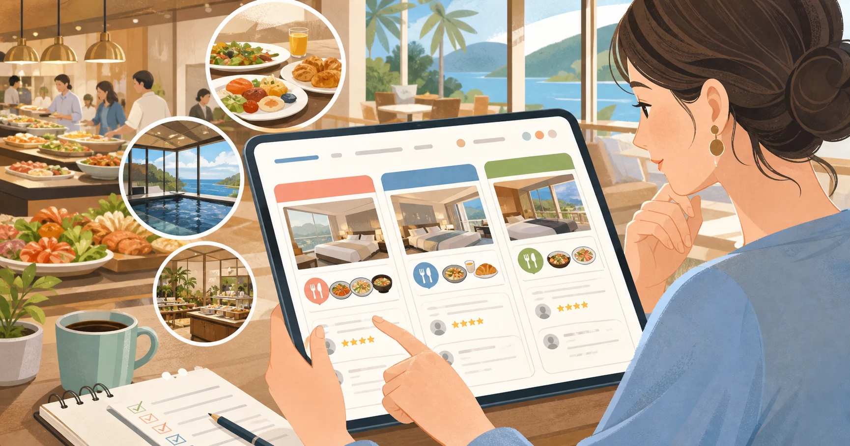 旅行予約サイトで食事付きプランを確認するイメージ