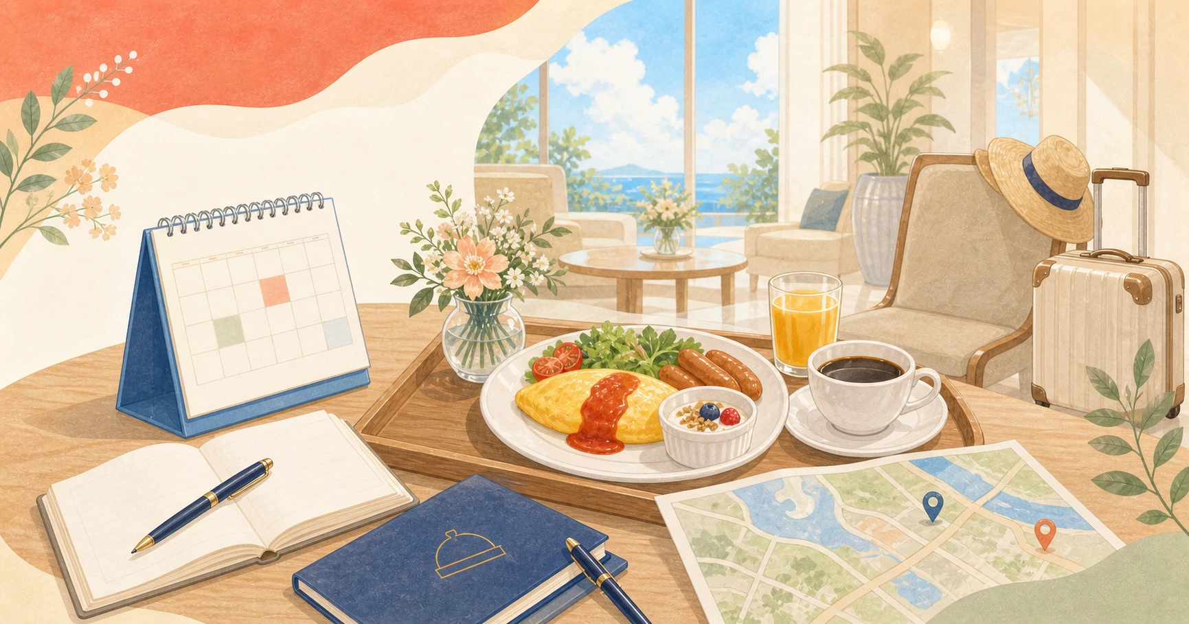 ホテル朝食と朝の予定を整理して出発するイメージ