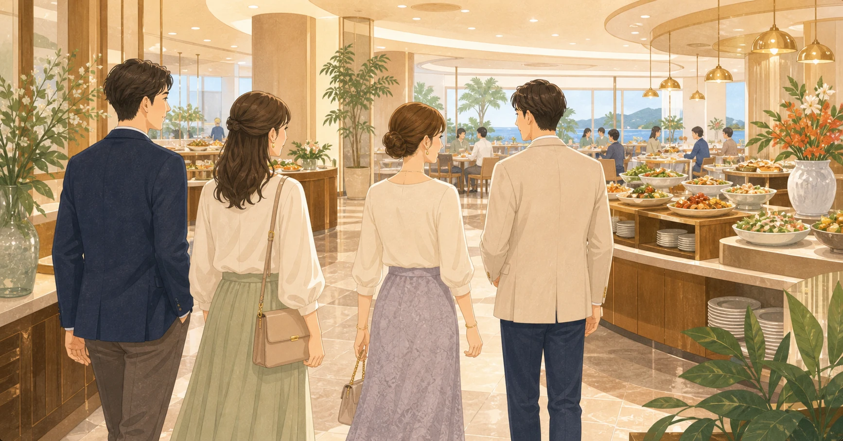 上品な服装でホテルビュッフェへ向かうイメージ
