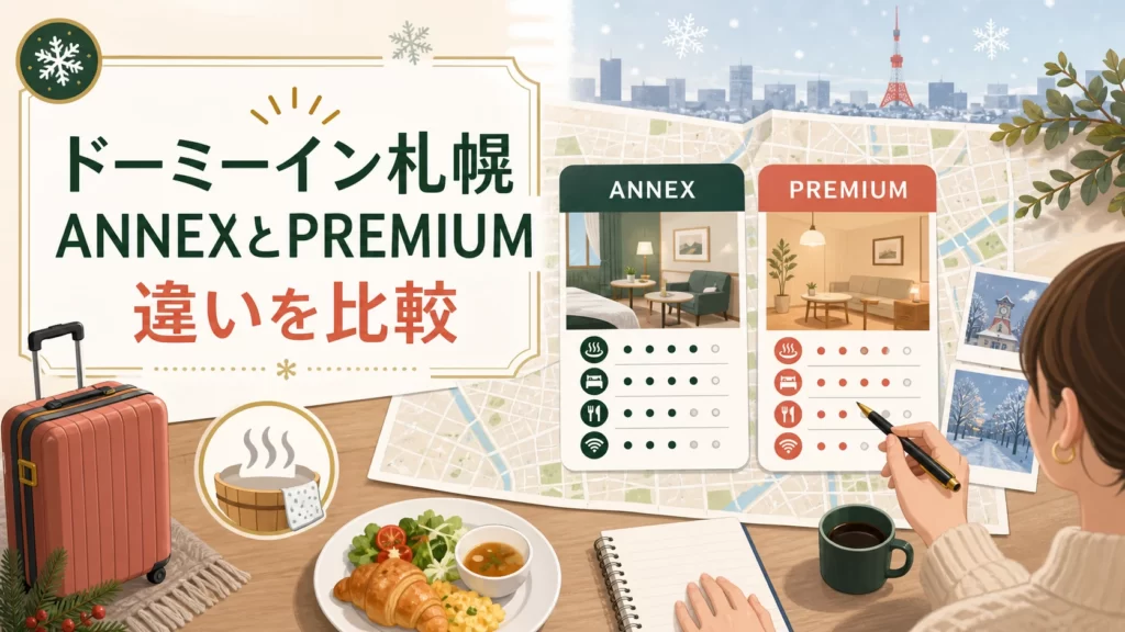 ドーミーイン札幌ANNEXとPREMIUM札幌の違いを比較する札幌旅行イメージ