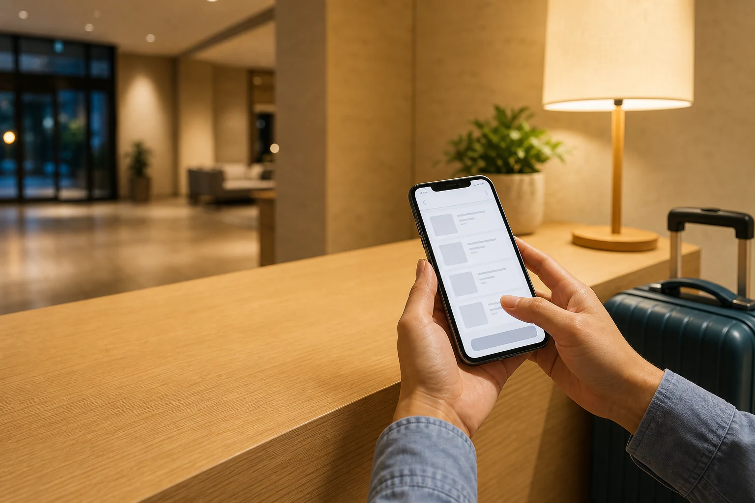 夜のホテルロビーでスマートフォンから当日の空室を確認するイメージ
