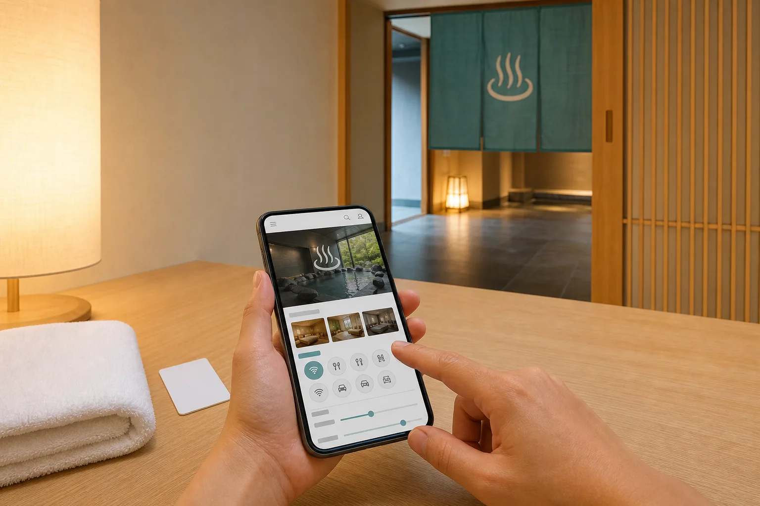 スマートフォンで大浴場付きホテルを検索する旅行者の手元