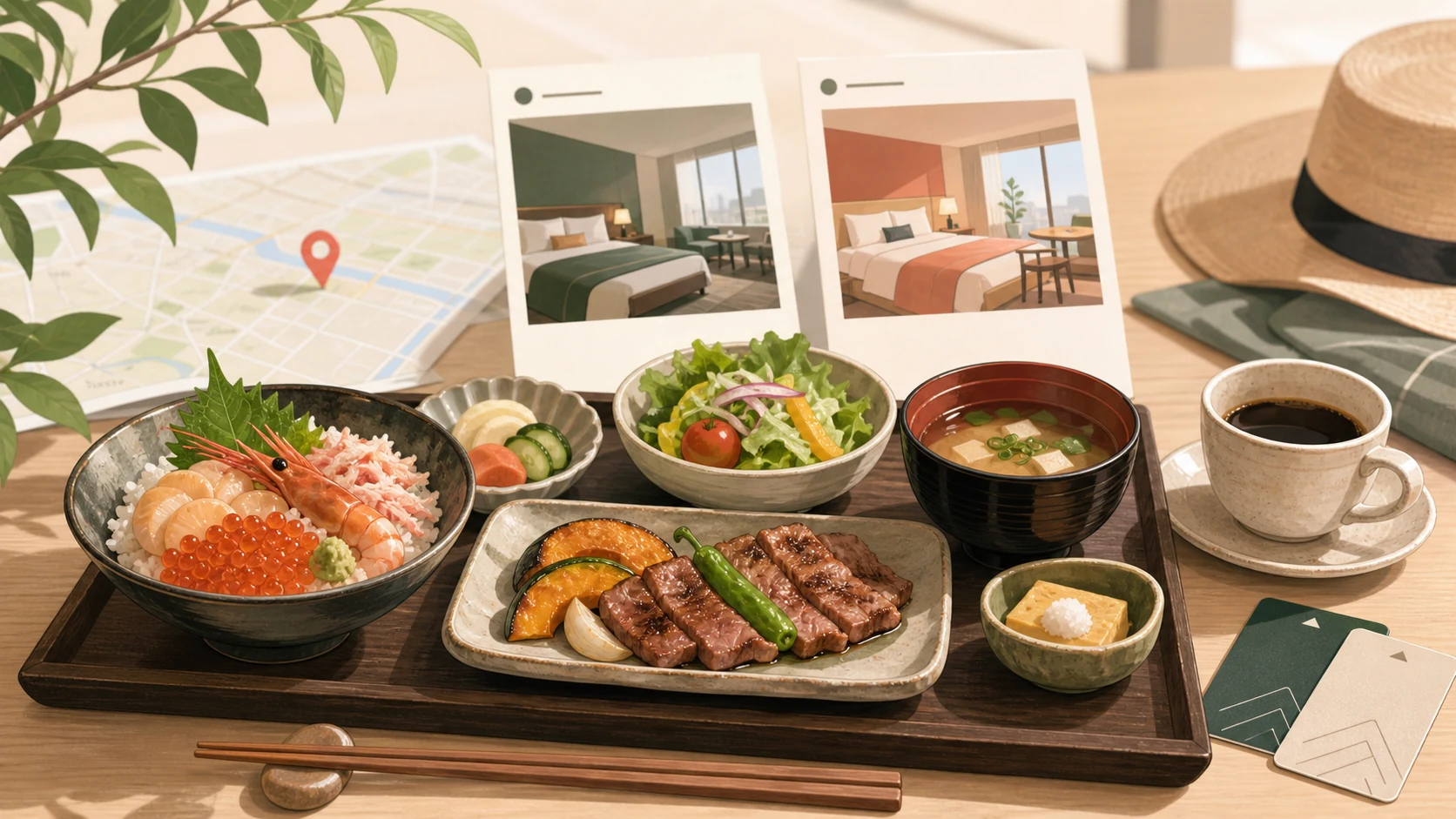ホテル朝食の海鮮丼や北海道らしい料理を確認するイメージ