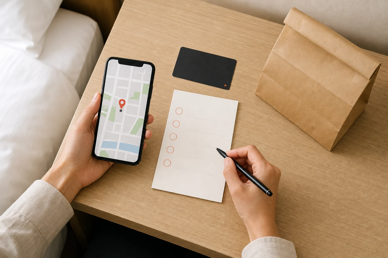ホテル住所と地図のピンをスマホで確認するイメージ