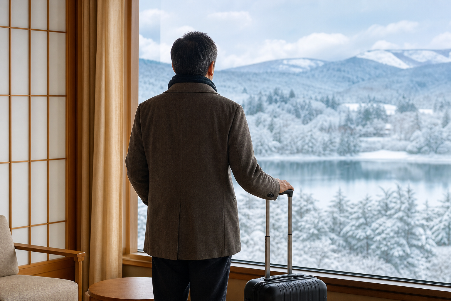 北国の温泉旅行を納得して予約するイメージ