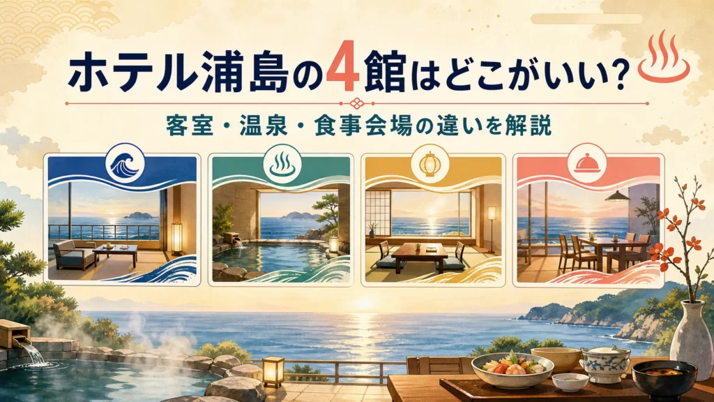ホテル浦島の4館はどこがいいか客室・温泉・食事会場の違いを解説する記事のアイキャッチ画像