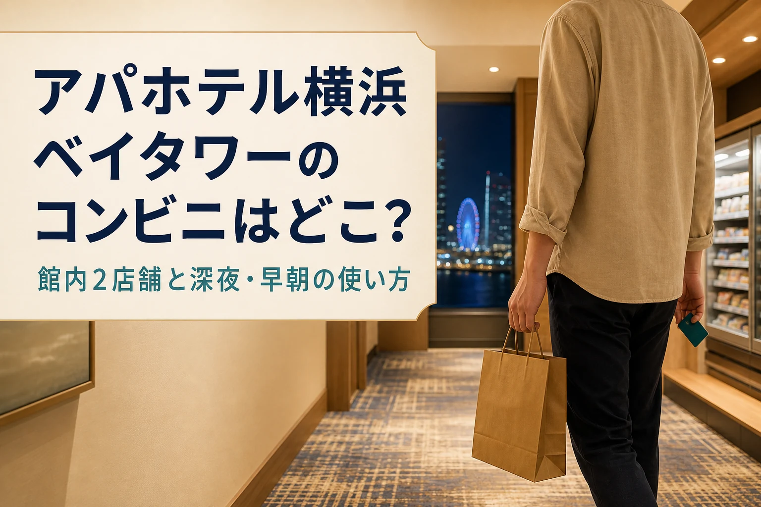 アパホテル横浜ベイタワーの館内コンビニ2店舗と深夜早朝の使い方を解説する記事のアイキャッチ