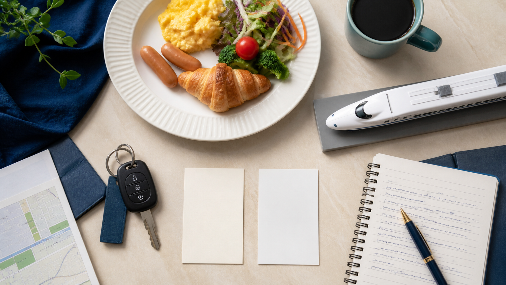 朝食と駐車場と電車で二つのホテルを選ぶ旅行ノートのイメージ