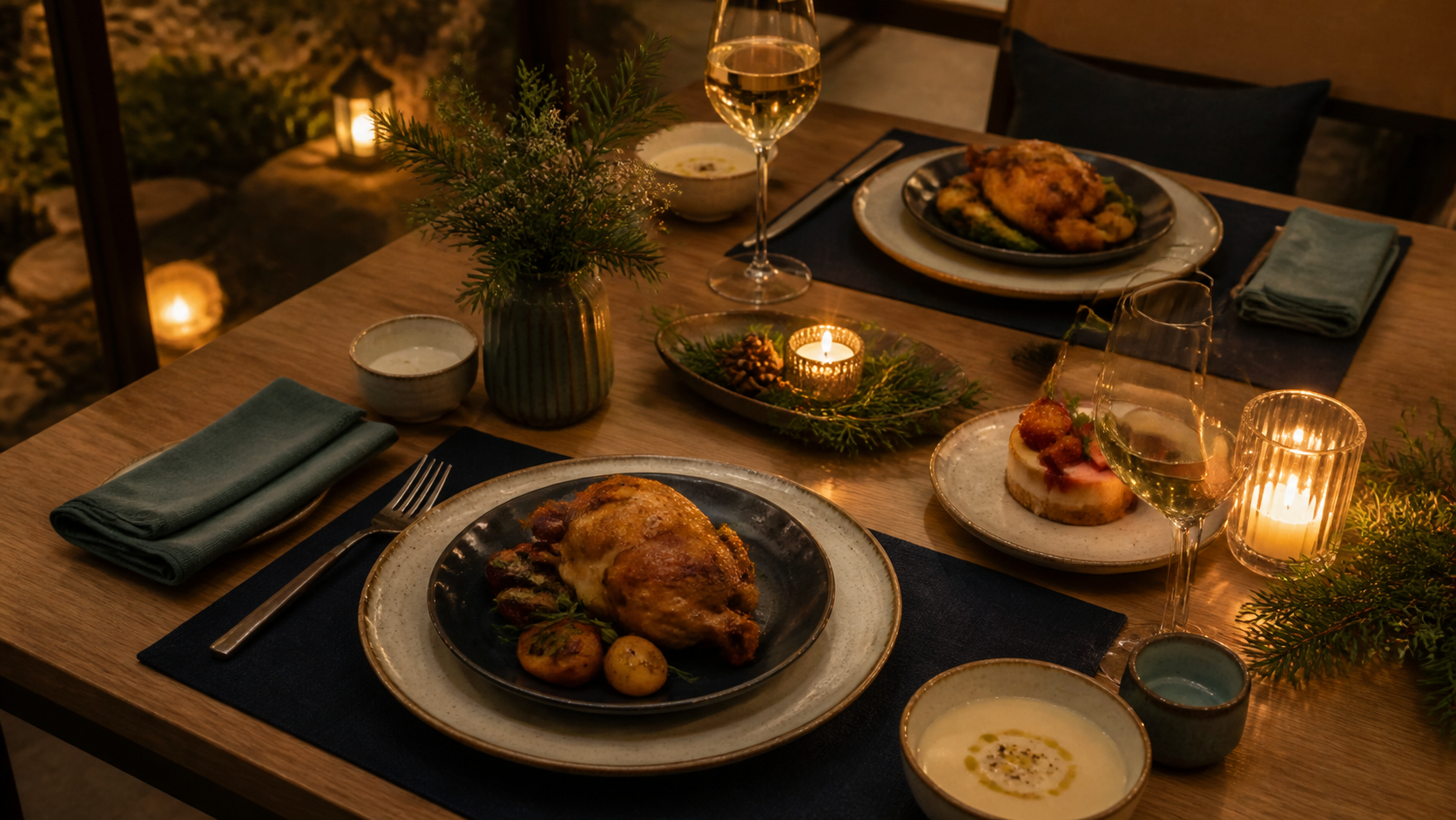 クリスマスの食卓と温泉旅行の予定を見比べる手元のイメージ