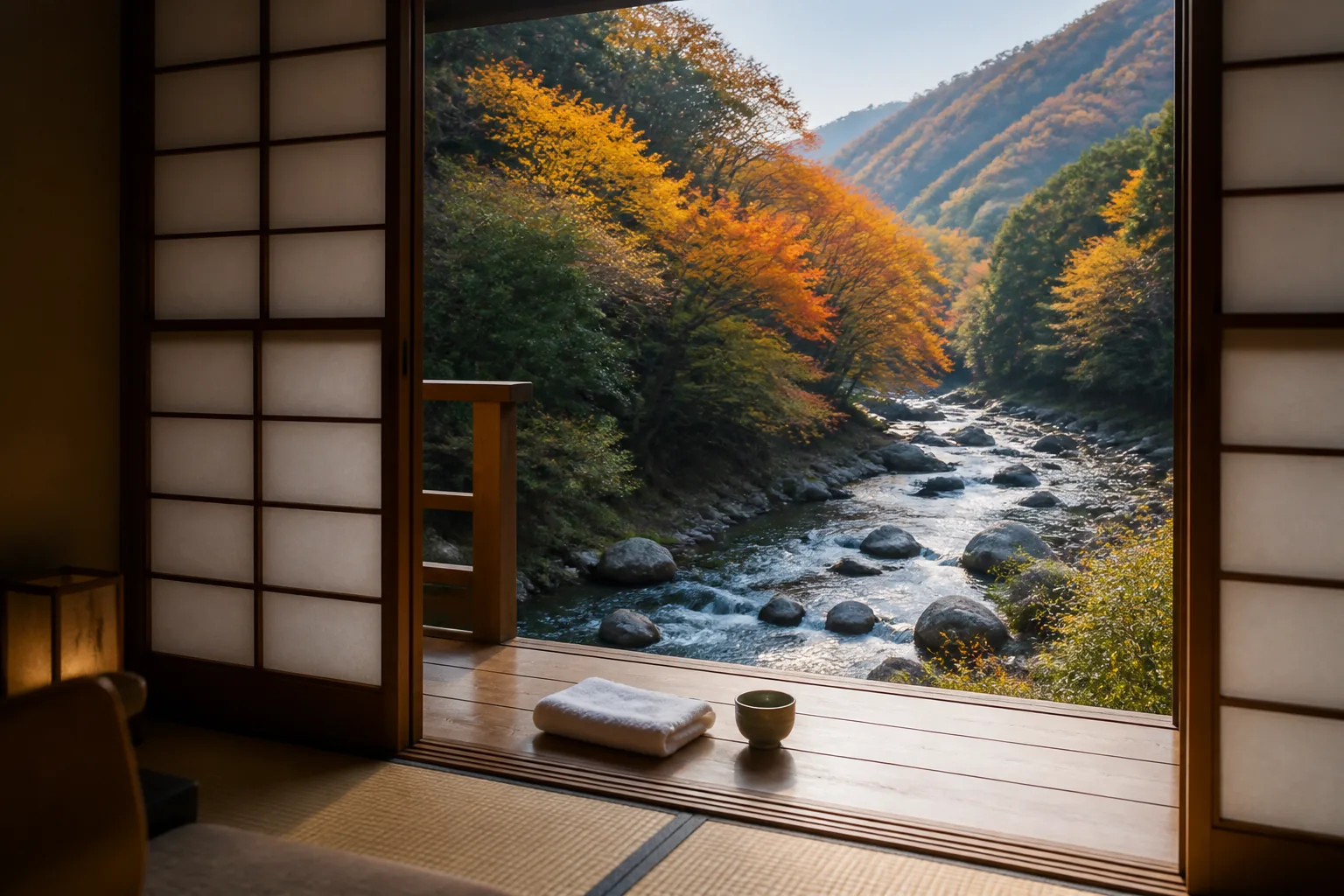 和室の窓辺から渓谷と紅葉を眺めるイメージ