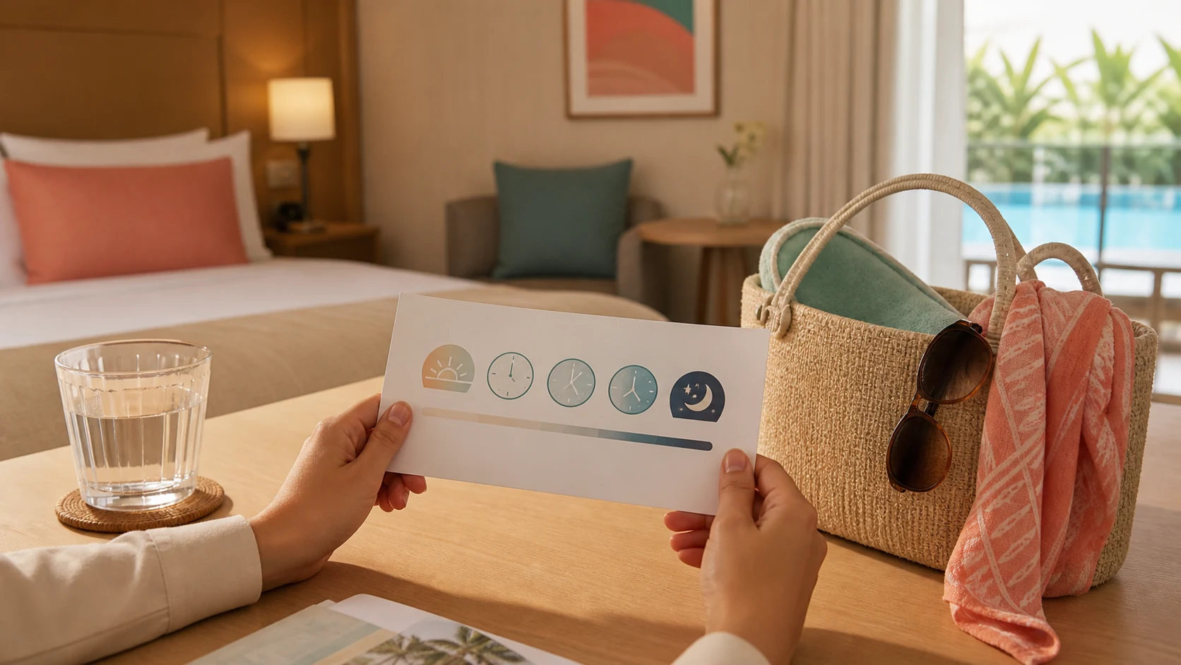 ホテルの客室でプールの無料利用時間を旅程表に整理する旅行者の手元