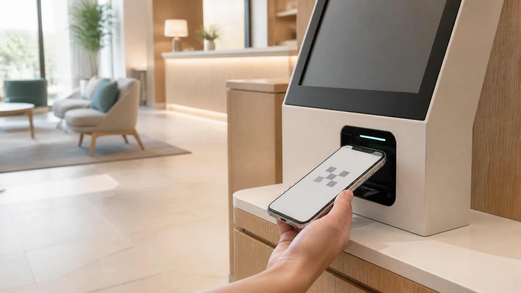 ホテルロビーの専用機へスマートフォンのQRコードをかざす手元