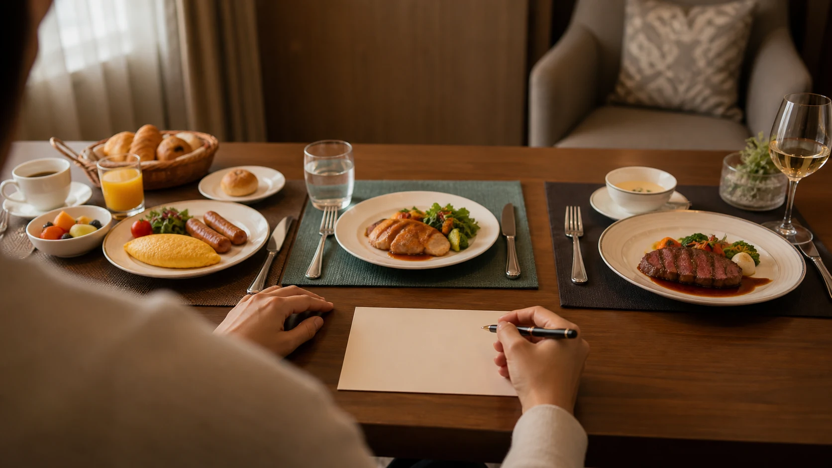 一般的なホテルブッフェの朝食と夕食の料金表を見比べる旅行者の肩越し