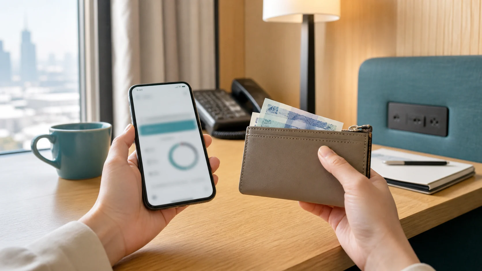 スマートフォンのポイント残高と財布の現金を見比べる手元