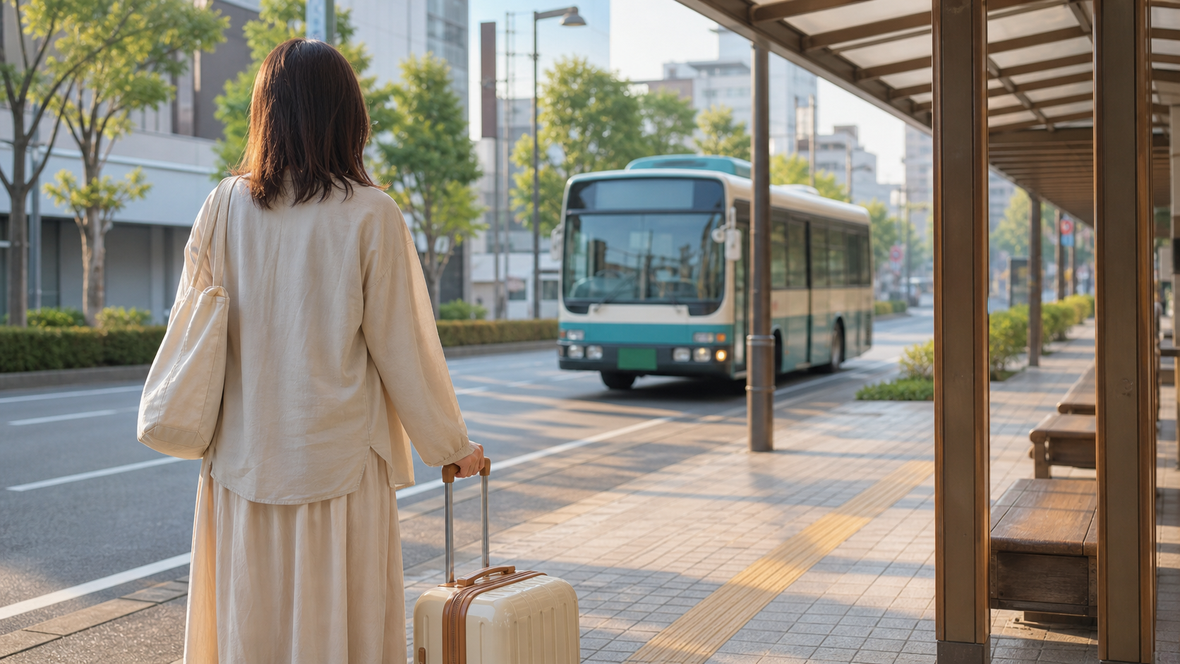 三宮の一般的なバス乗り場で時刻表を確認する旅行者の後ろ姿
