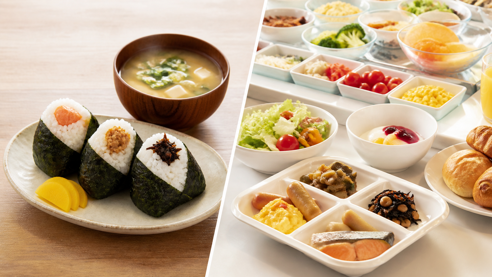 具おにぎり朝食とビュッフェ朝食を見比べるイメージ