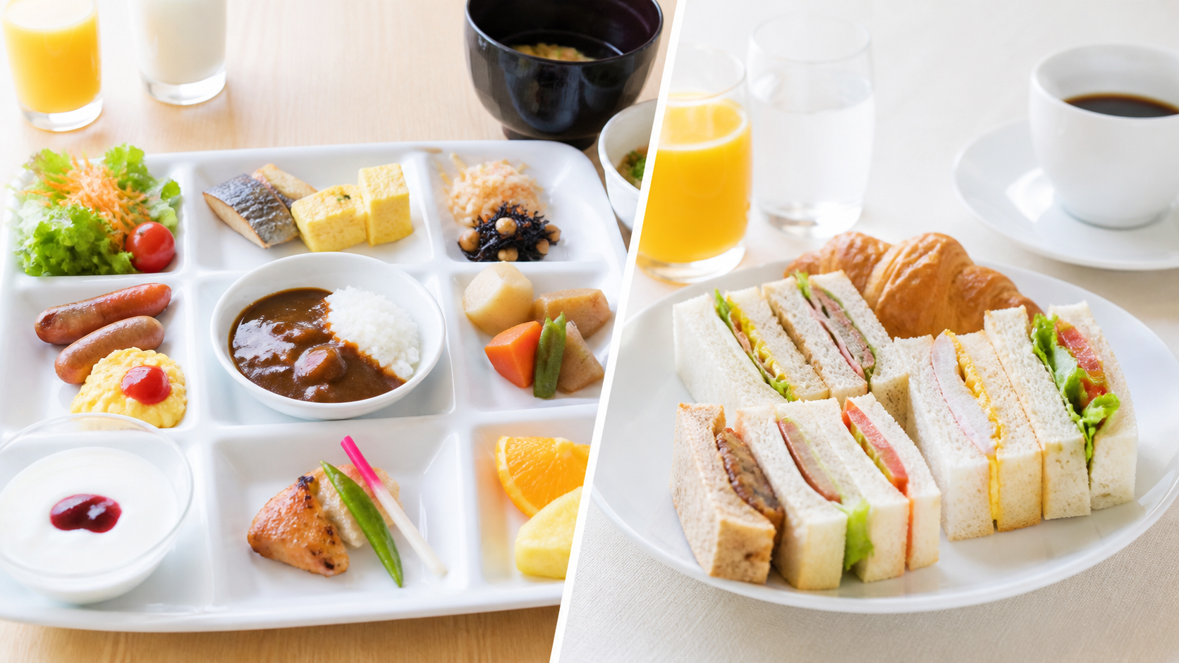 ビュッフェ朝食とサンドイッチ朝食を見比べるイメージ