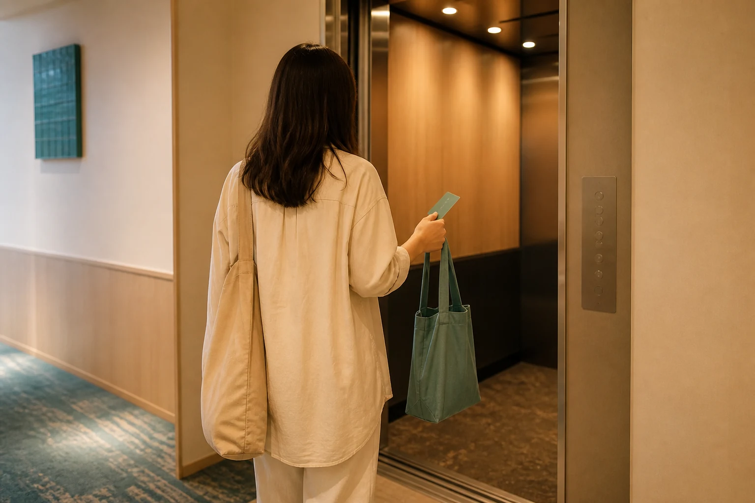 客室階から4階のコンビニへエレベーターで向かう旅行者の後ろ姿