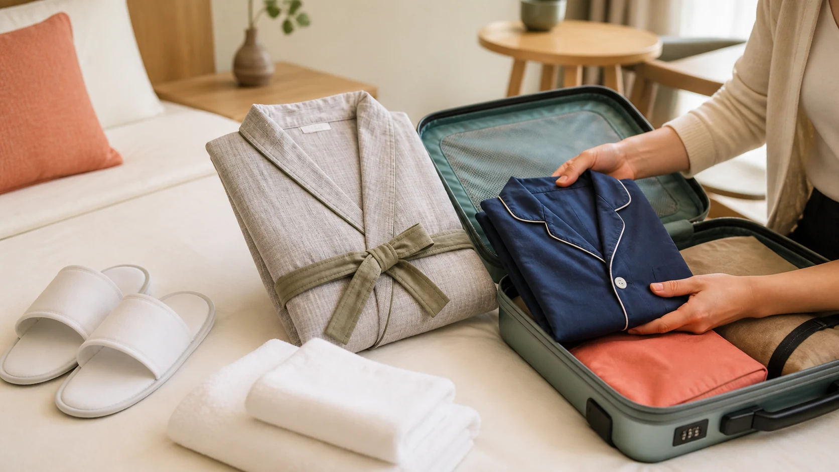 一般的なホテルのベッドで浴衣とタオルとスリッパを確認する旅行者の肩越し