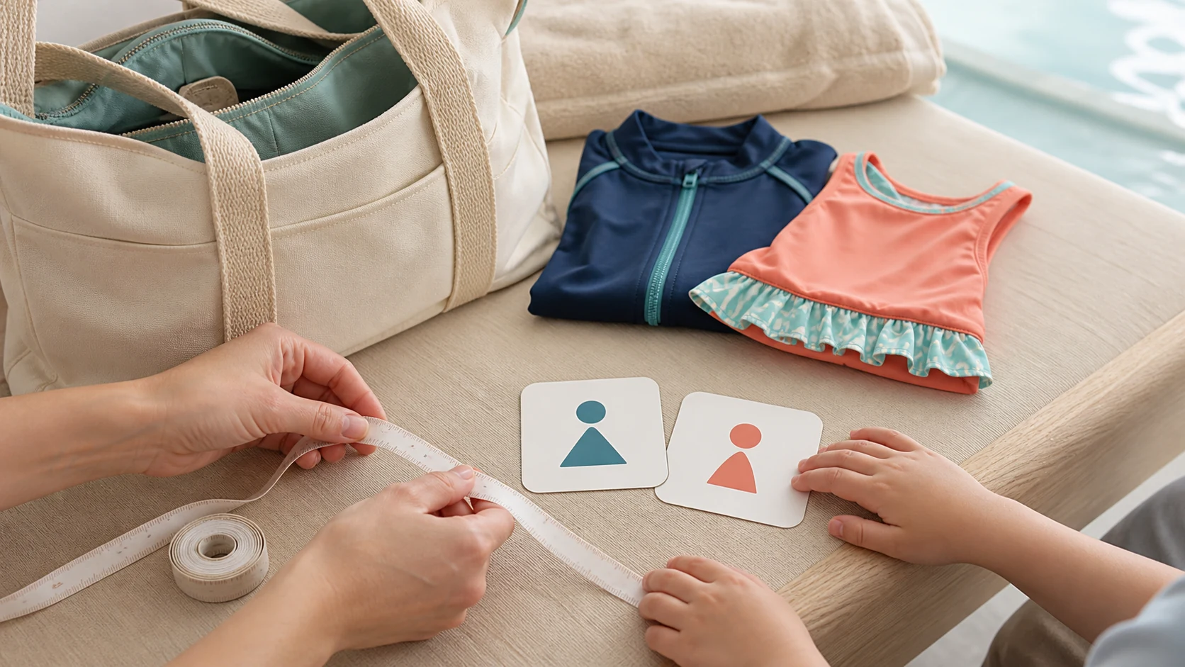 プールバッグの横で子どもの年齢と身長条件を確認する親子の手元