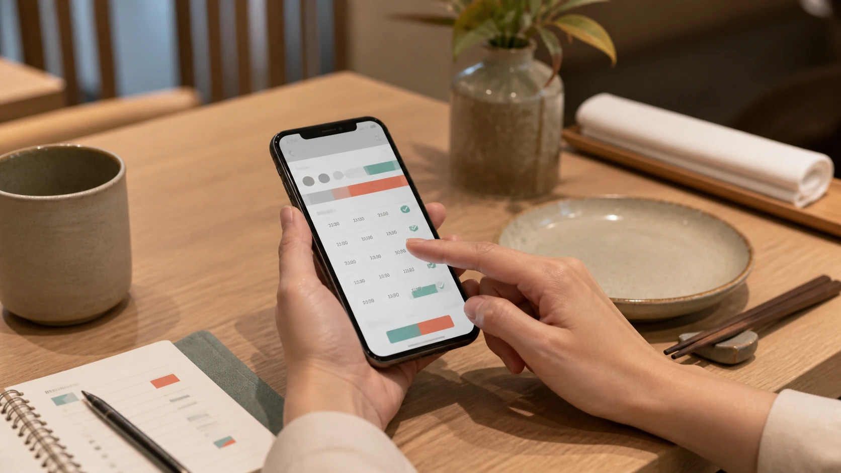 スマートフォンでホテルレストランの予約日時を確認する手元