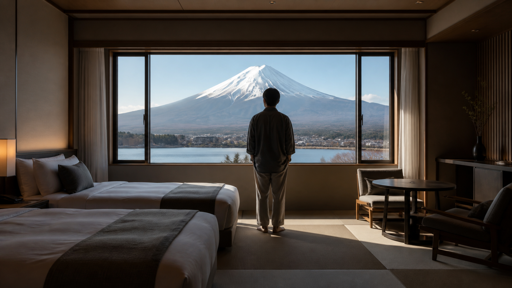 客室の窓から富士山を眺める旅行者の遠い後ろ姿
