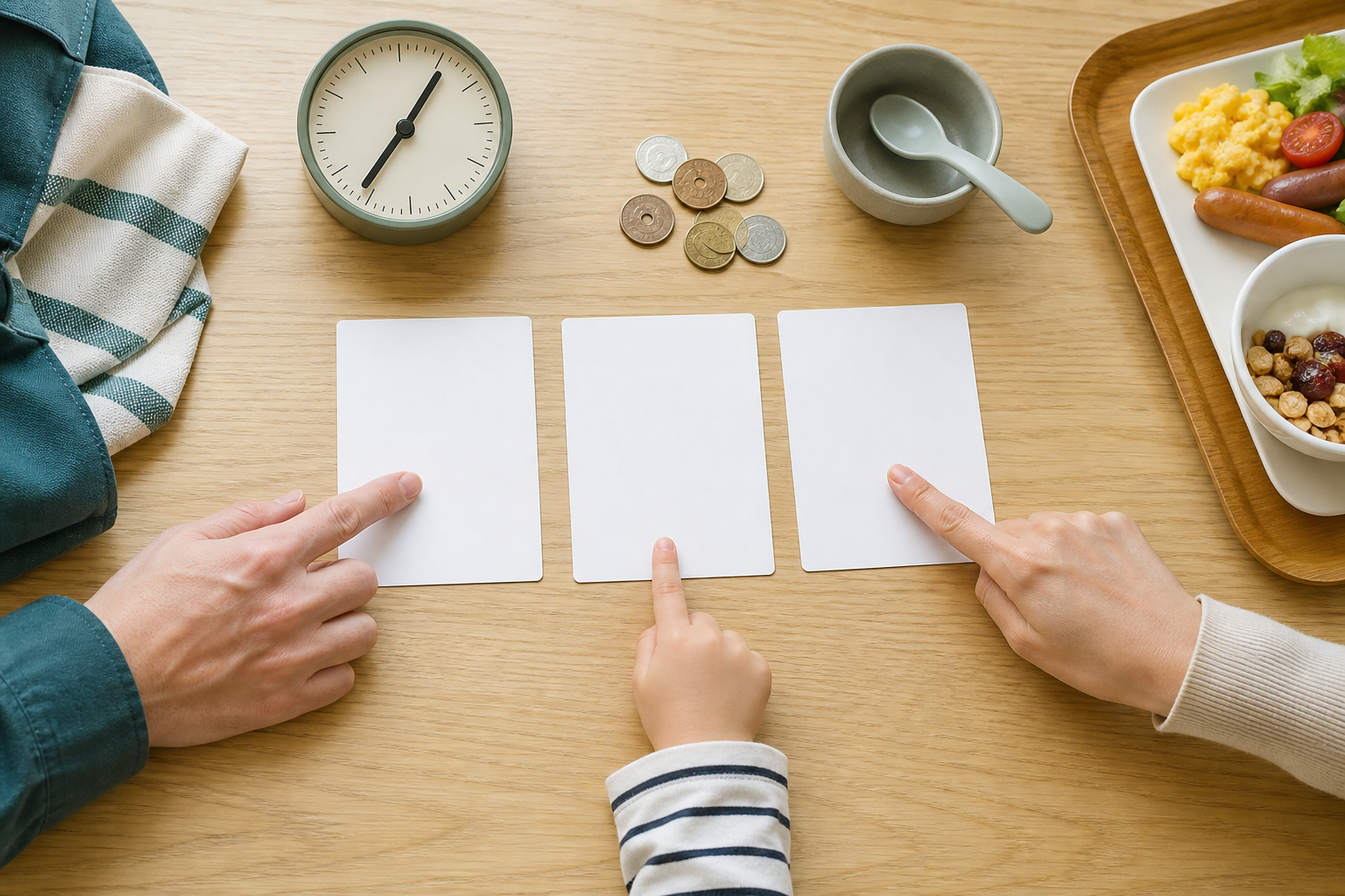 ホテル朝食の料金と開始時間と子ども条件を比べる家族の手元