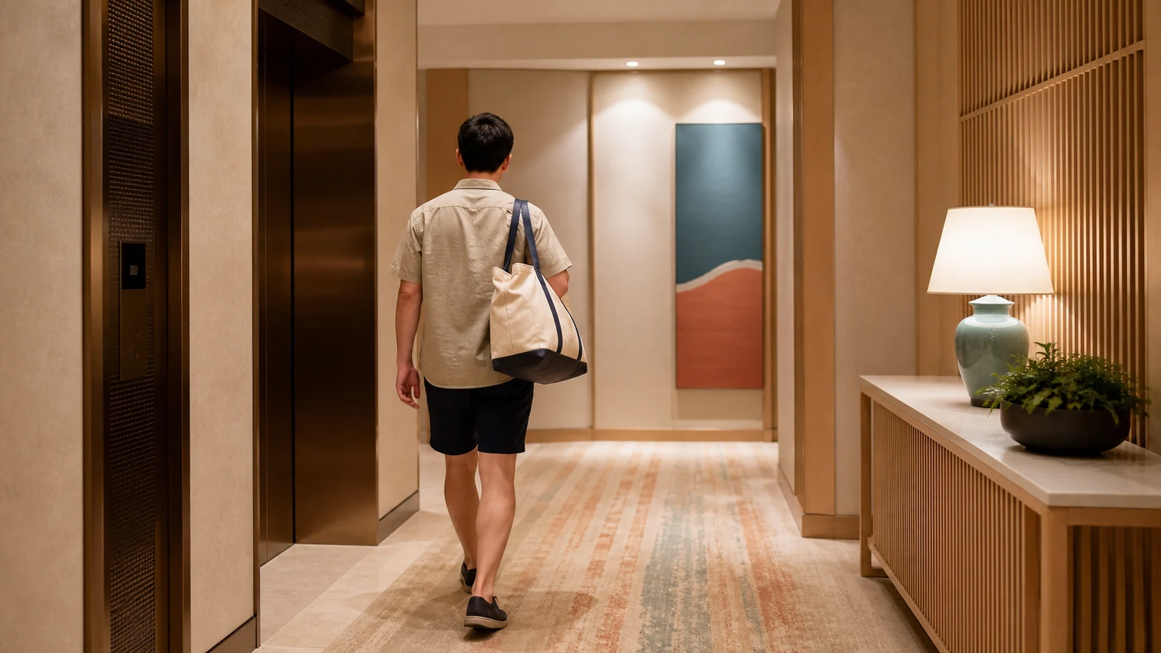 一般的なホテル館内でプールバッグを持って移動する旅行者の肩越し