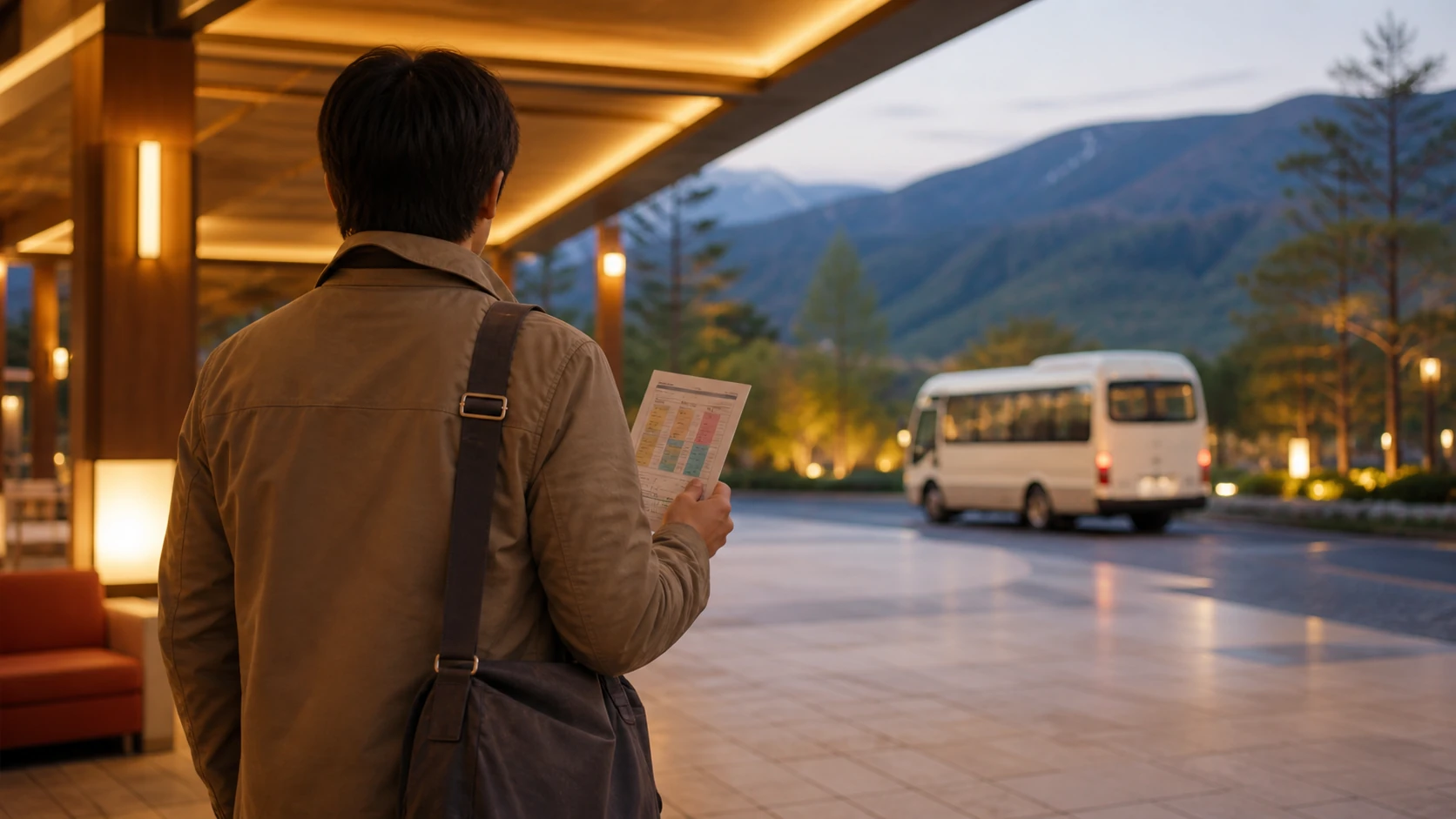 夕方の一般的なリゾートで無料循環バスの時間を確認する旅行者の後ろ姿