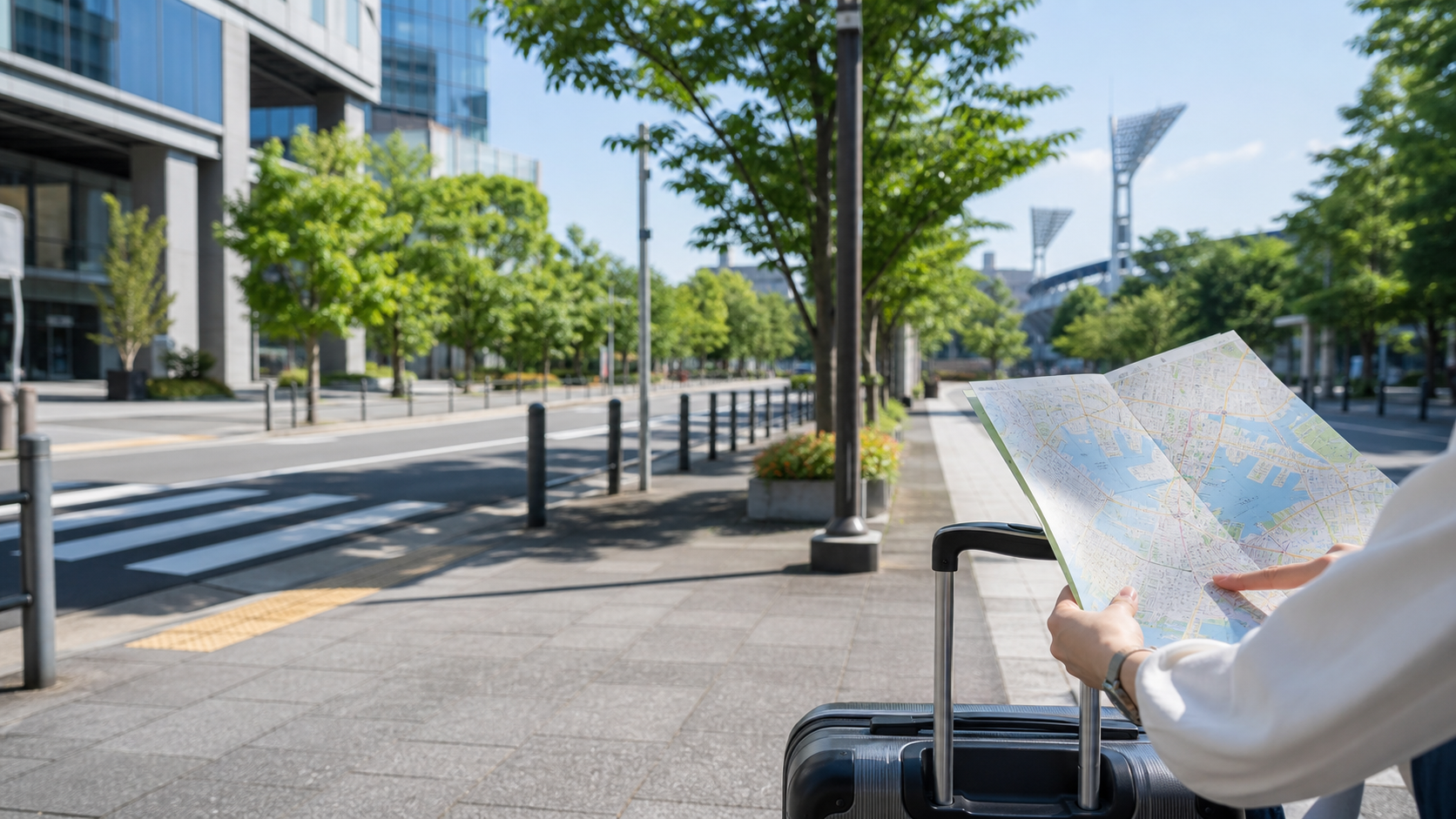 関内駅からホテルまでの道順と駐車場を確認する手元のイメージ
