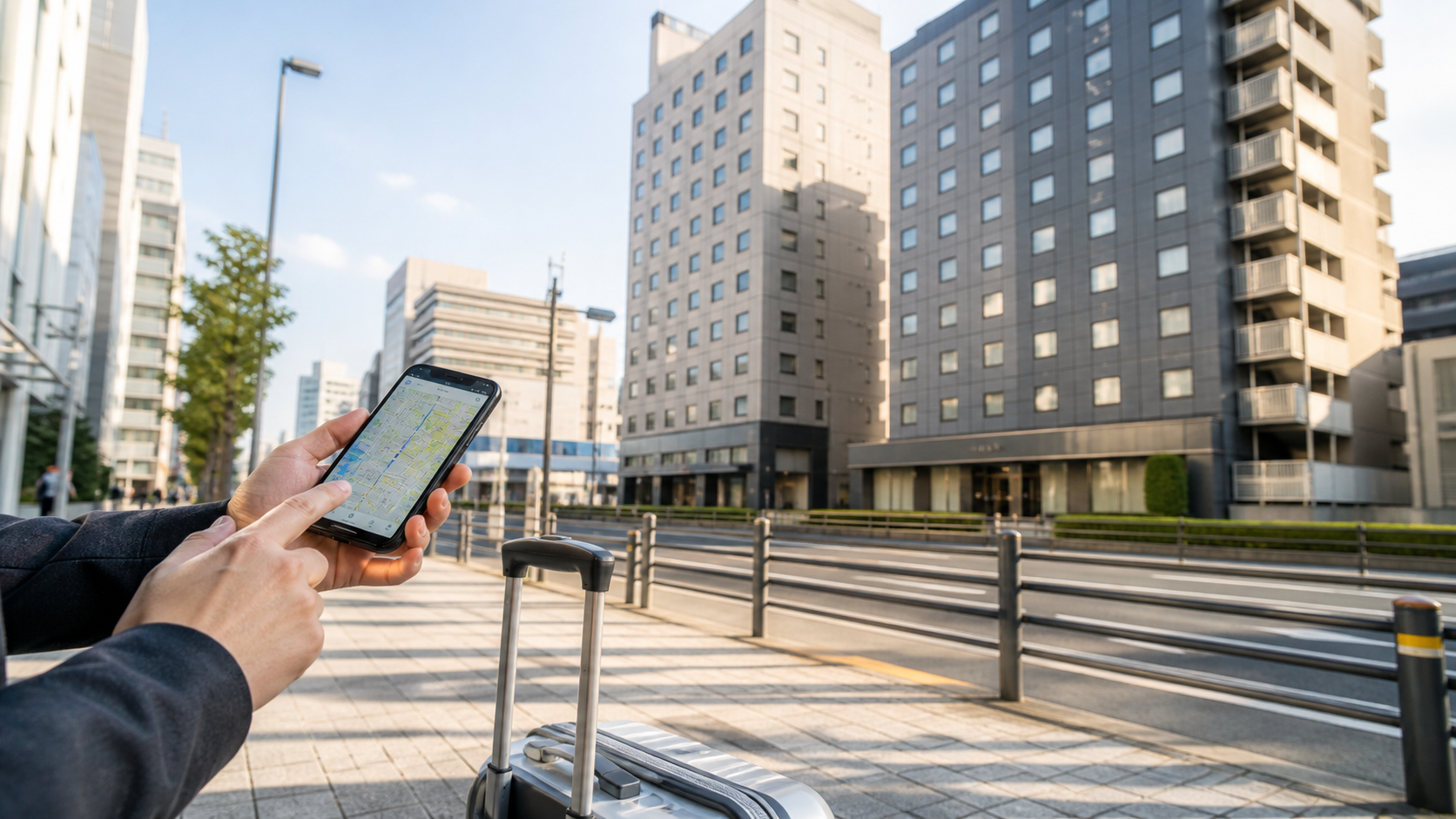 新大阪駅から本館と新館への道順を地図で確認する手元のイメージ