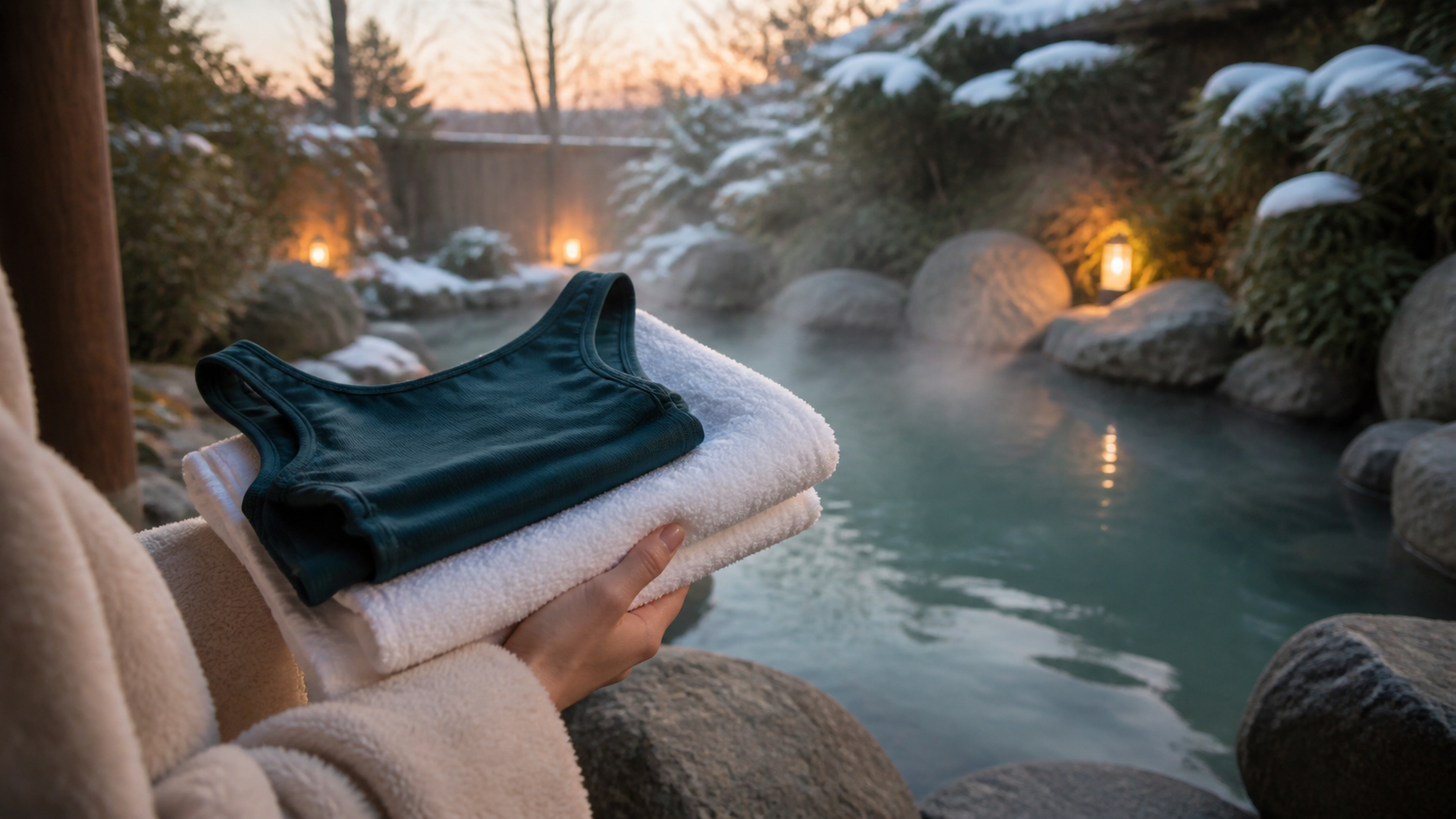 水着で入る屋外の温泉に日帰りで訪れる冬のイメージ