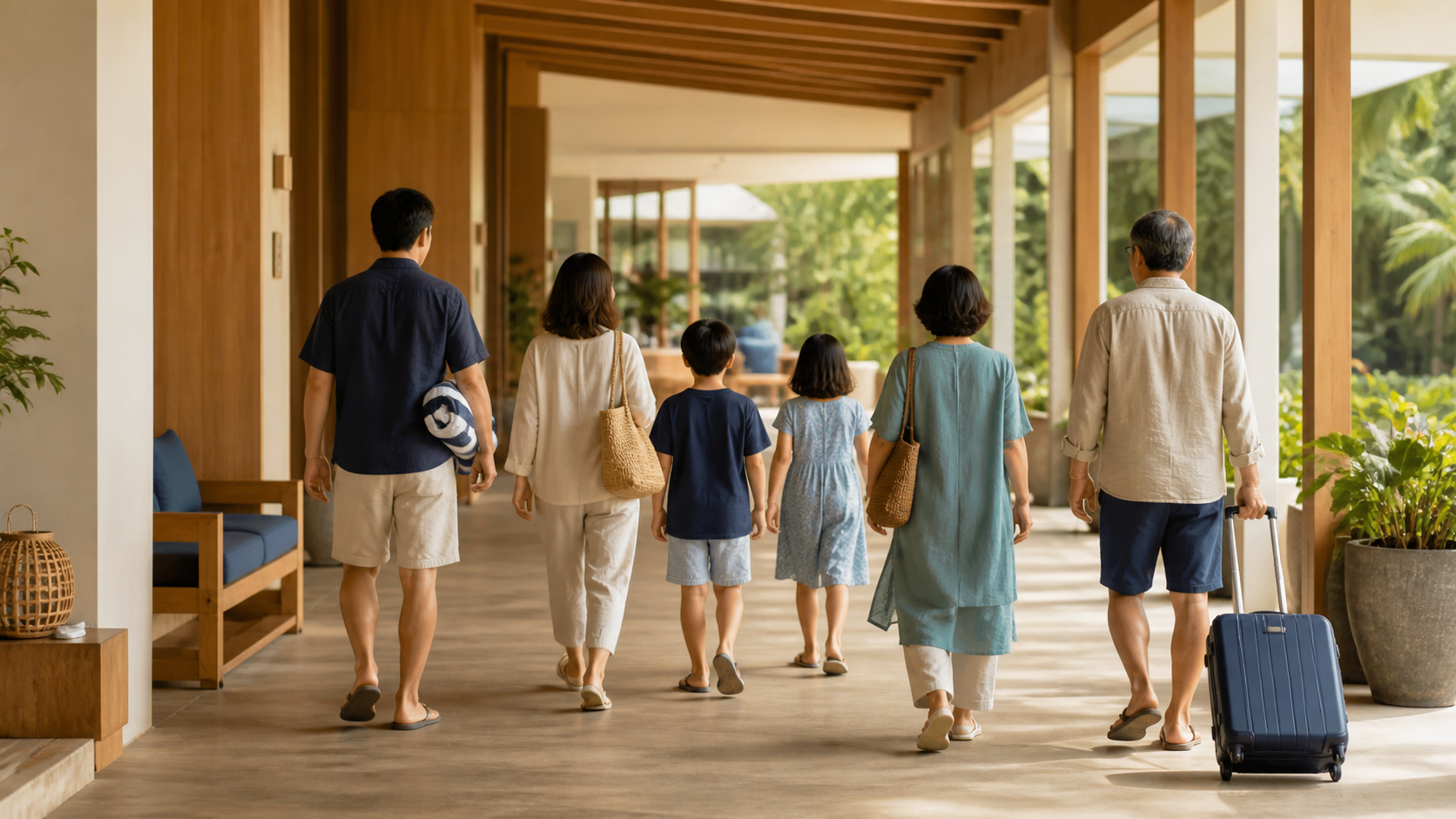 広いリゾート館内を家族で移動するイメージ