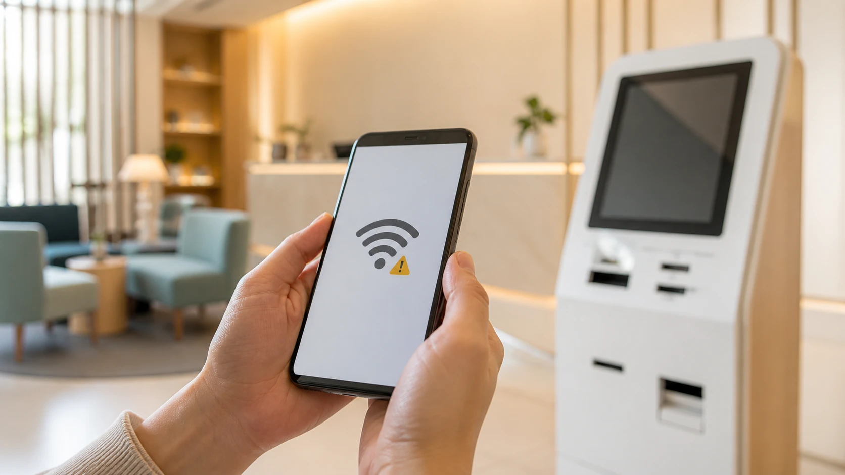 スマートフォンの通信状態とホテルの専用機を確認する手元