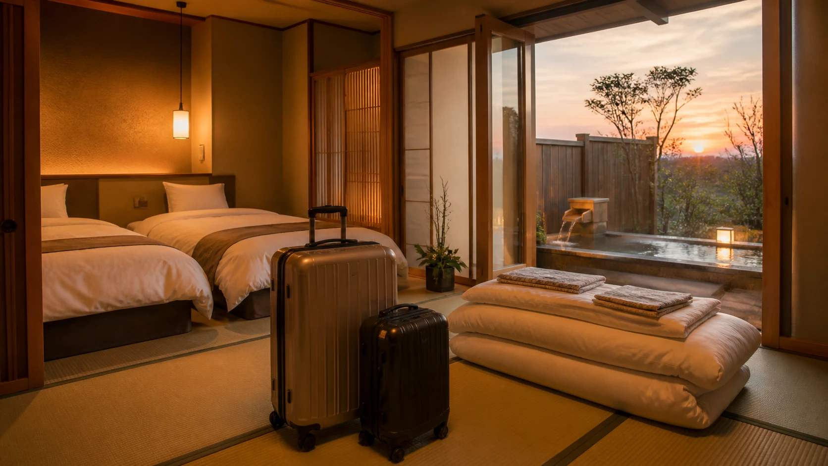 人数と寝具を確認して温泉旅行を決めるイメージ