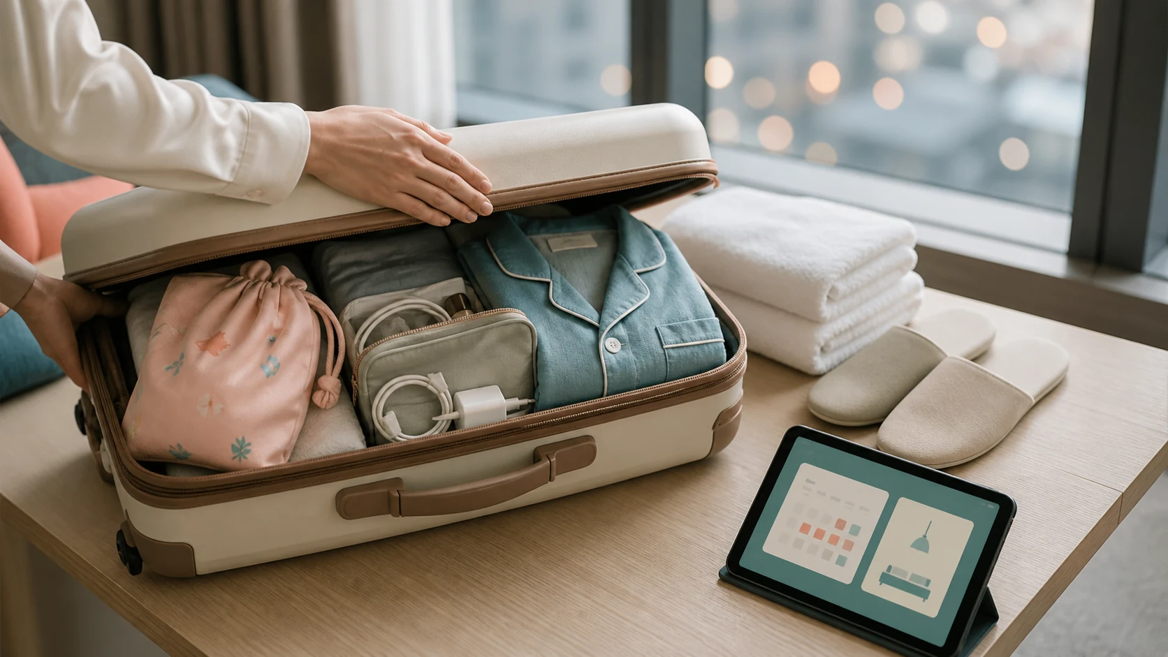 必要な持ち物を確認してホテル予約を終えた旅行者の肩越し