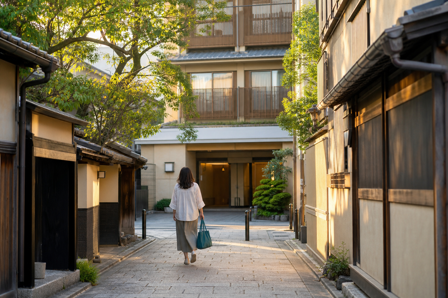 朝の京都を歩いてホテル朝食へ向かう旅行者の後ろ姿