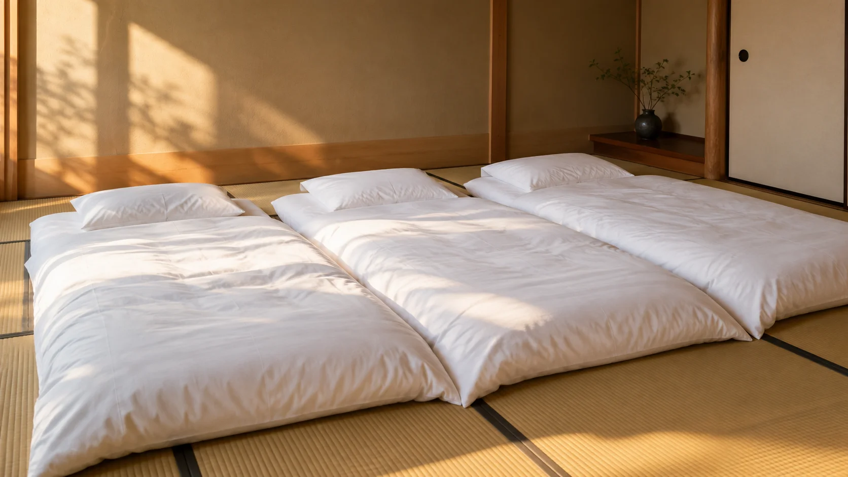 畳の部屋に布団が並べて敷かれた和室