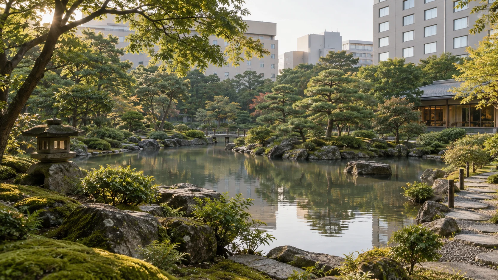 都心のホテルに囲まれた広い日本庭園の池と木々