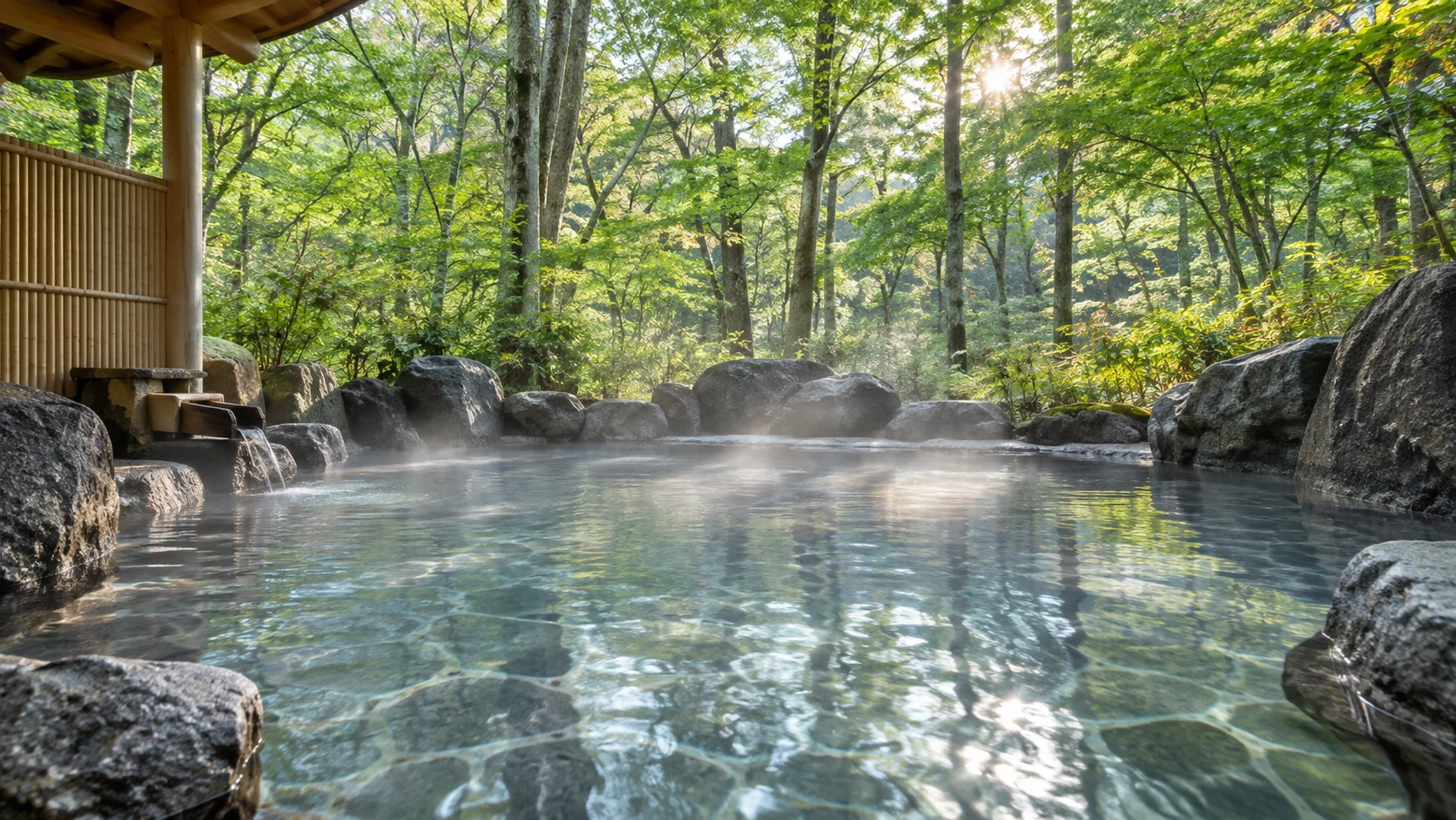 木々に囲まれた高原の露天風呂と湯気