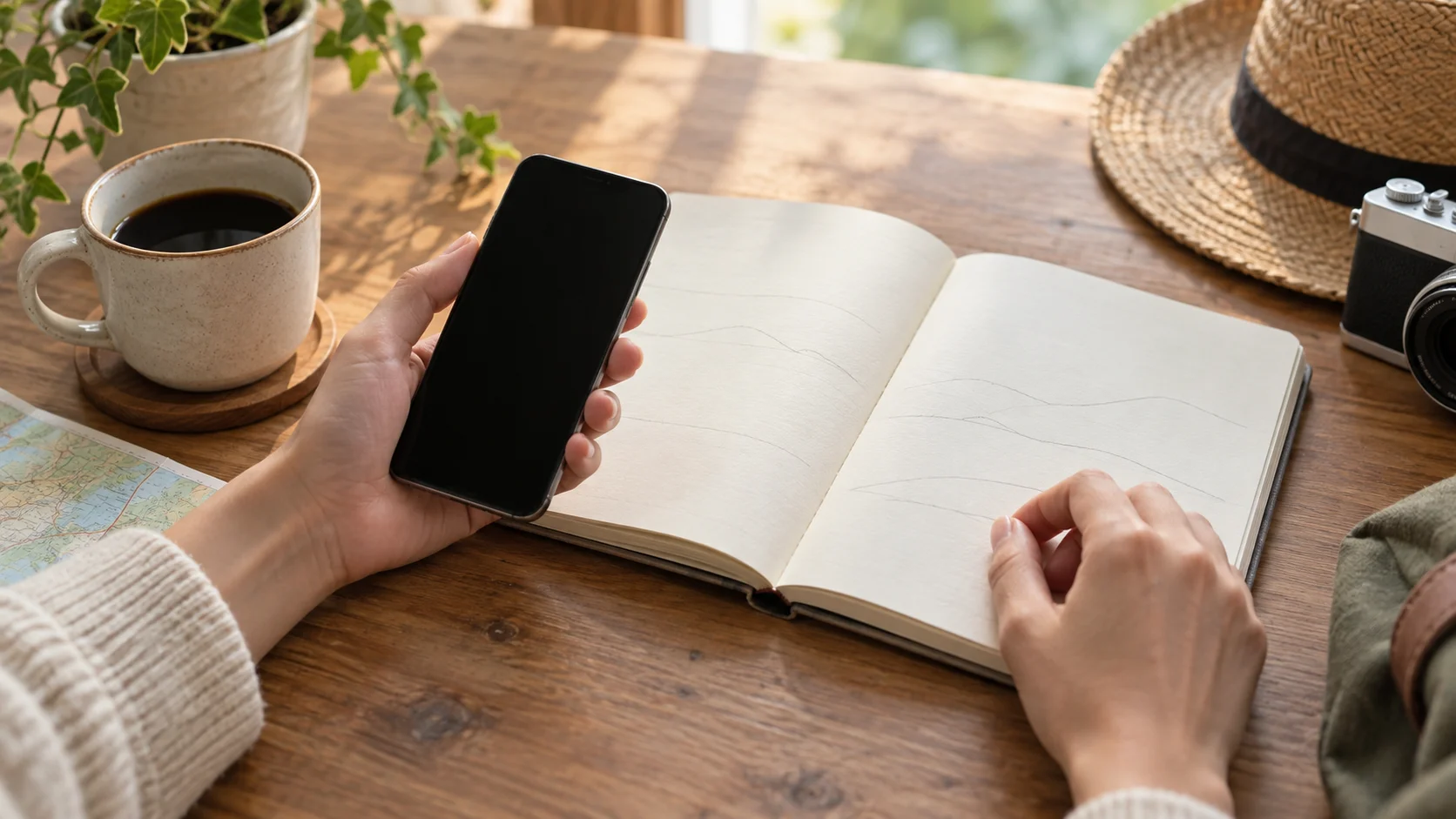 旅行の日程を手帳で確かめながらスマートフォンを持つ手元