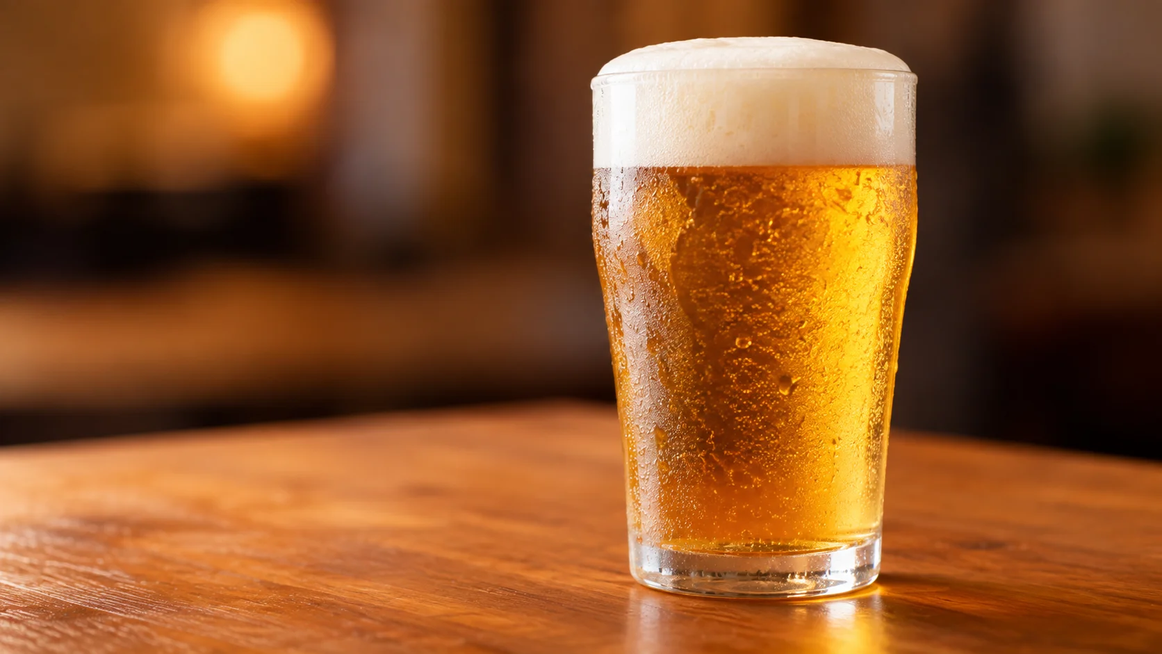 木のテーブルに置かれた泡の立つ生ビールのグラス