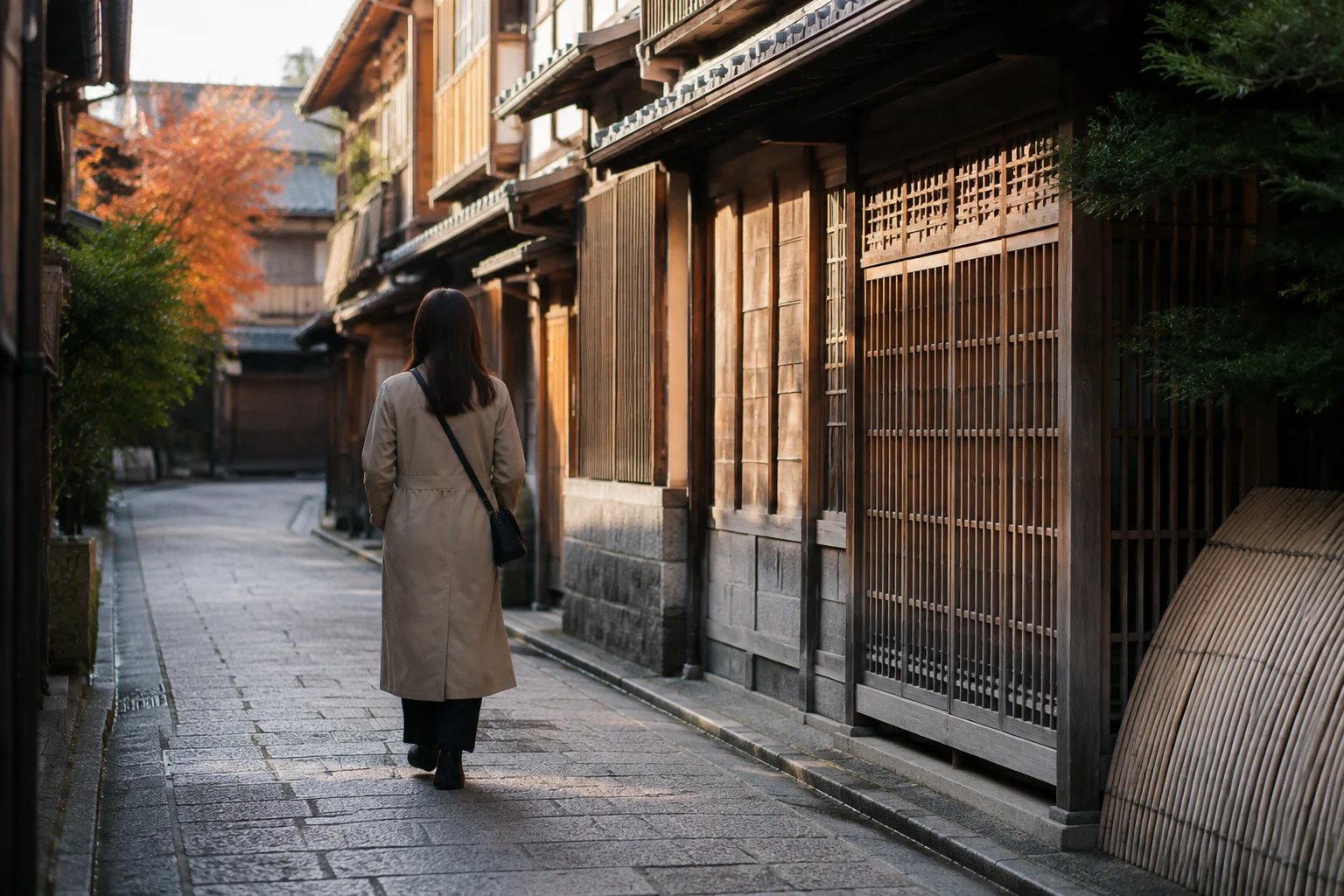京都の街並みを歩く旅行者の後ろ姿