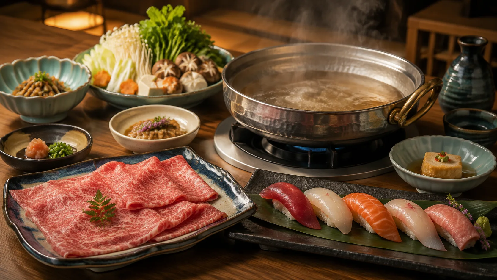 和牛しゃぶしゃぶと寿司を楽しむ夕食のイメージ