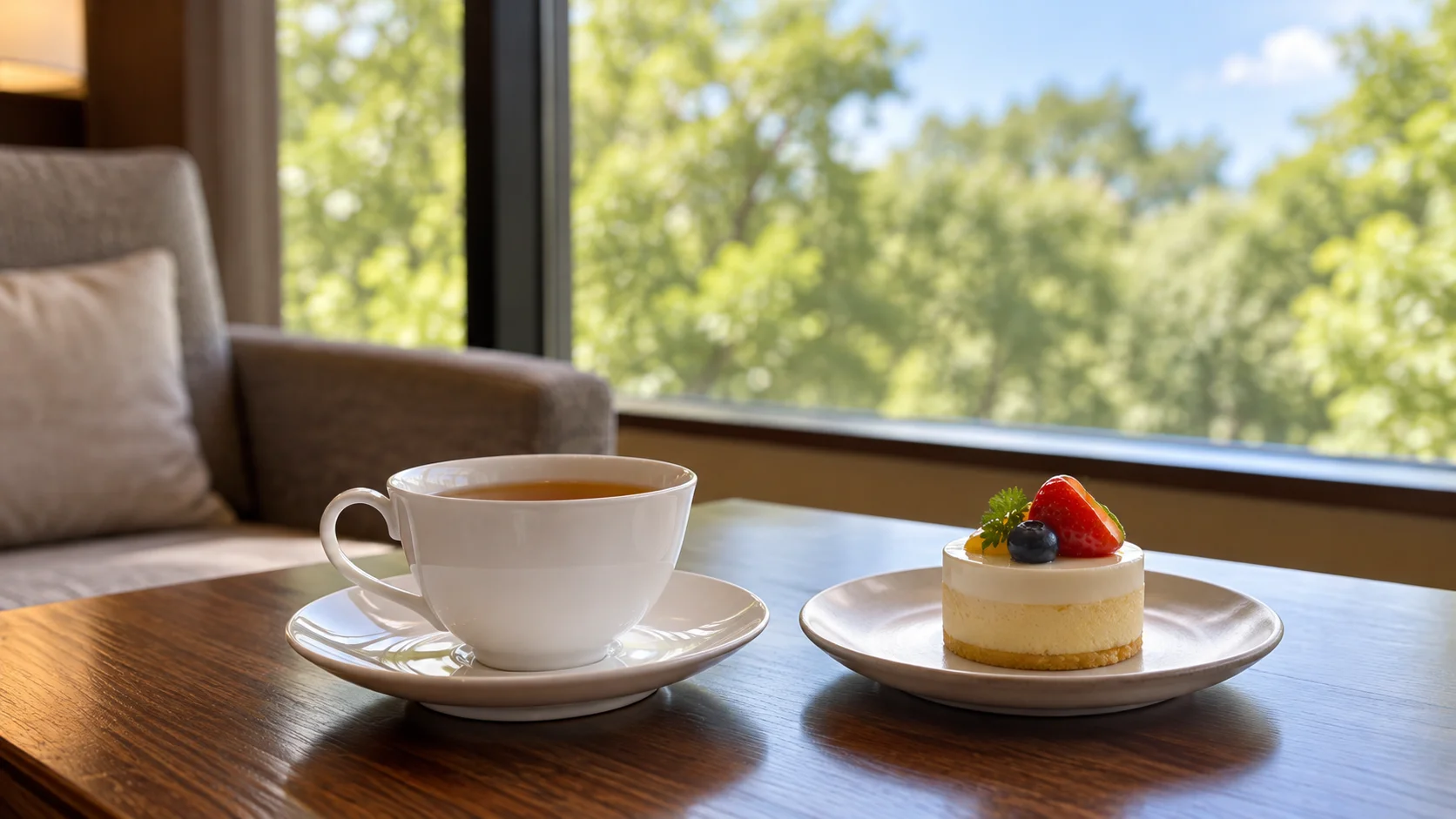 窓際のテーブルに置かれた紅茶のカップとケーキ