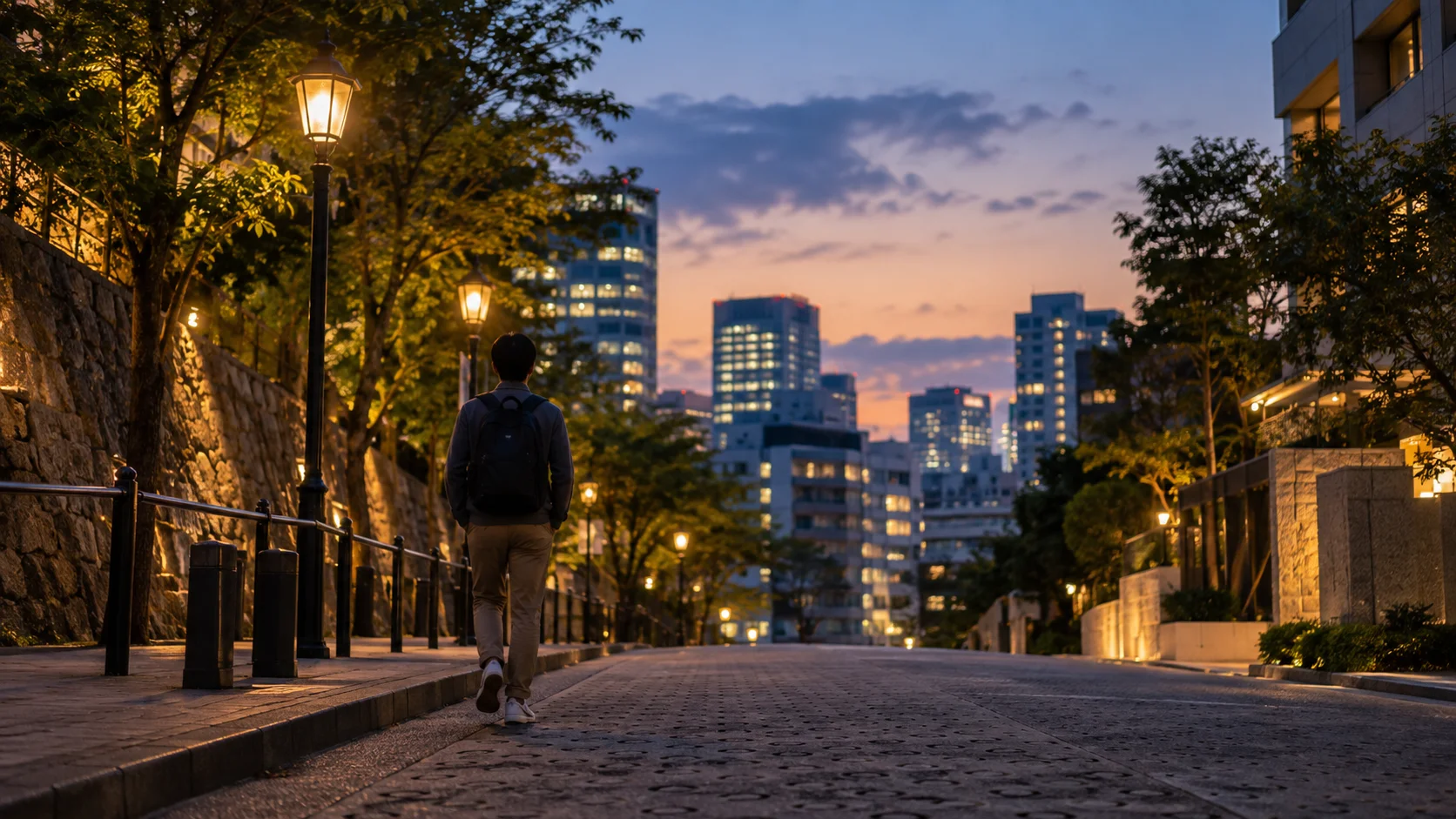 夕方の坂道を上っていく人の後ろ姿と街灯