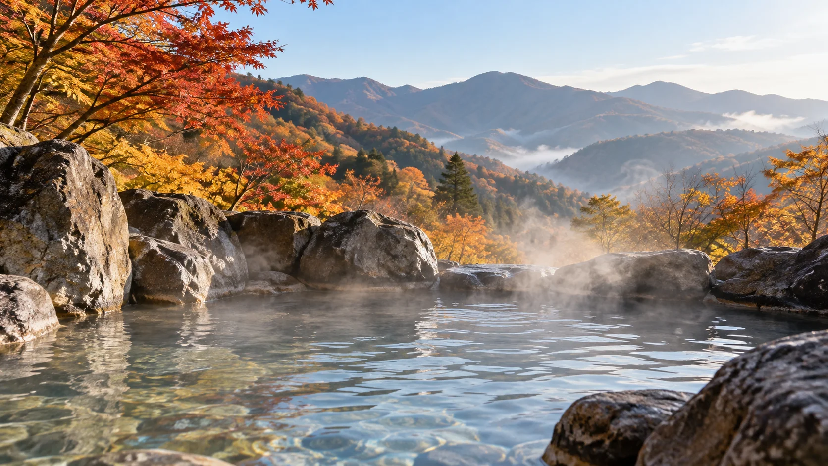 湯けむりが立つ露天風呂と奥に見える紅葉の山